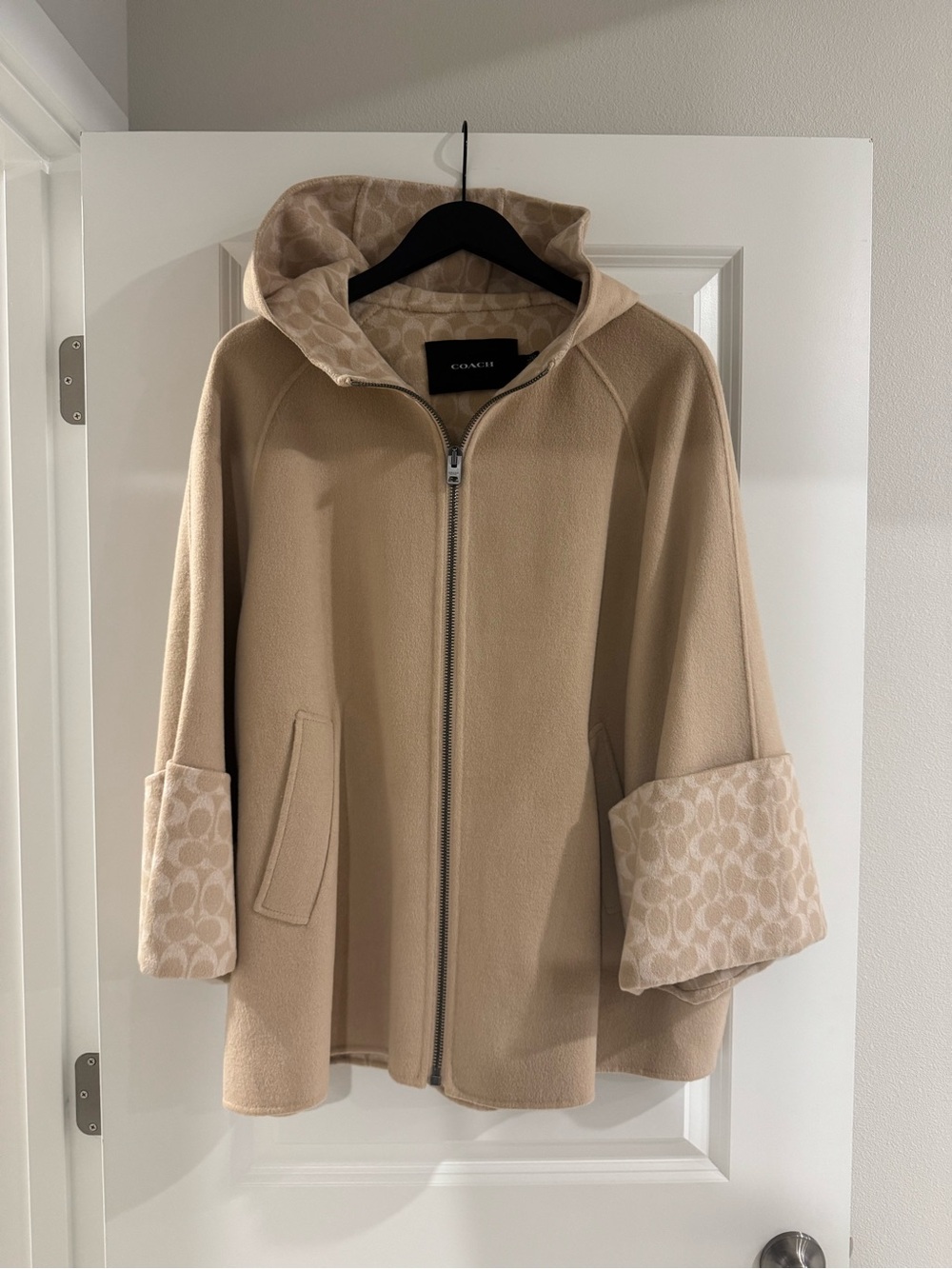 Coach Beige Hooded Zip-Front Puffer Jacket with Signature Trim